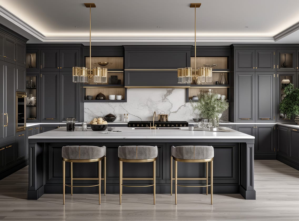 A luxurious kitchen with a large island, gold faucet and sputnik chandelier, stainless steel appliances, and white marble countertops